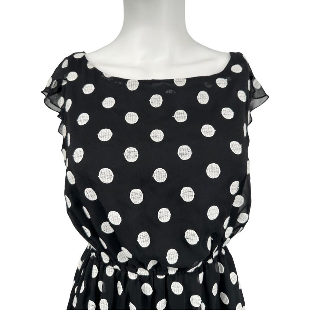 Embroidered Black and White Polka Dot ruffle Sleeve Dress - Picture 3 of 4